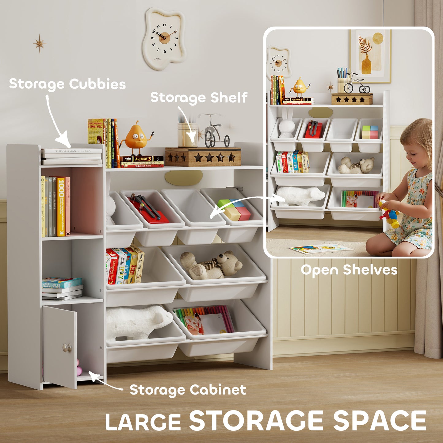 Toy Storage Unit with 8 Removable Bins, Storage Shelves, Cabinet