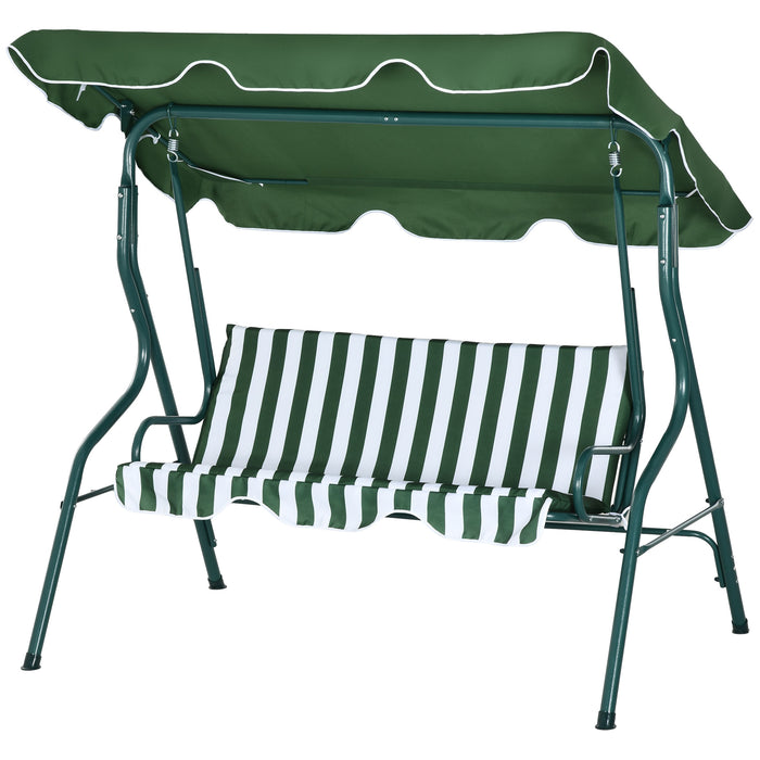 3 Seater Garden Swing Seat Chair Outdoor Bench with Adjustable Canopy and Metal Frame, Green Stripes