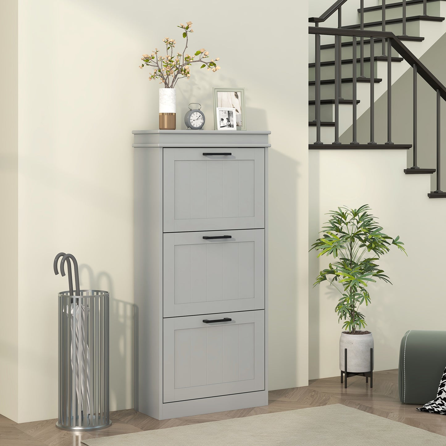 Slim Shoe Storage Cabinet with 3 Flip Drawers for Entryway, Grey