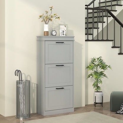 Slim Shoe Storage Cabinet with 3 Flip Drawers for Entryway, Grey