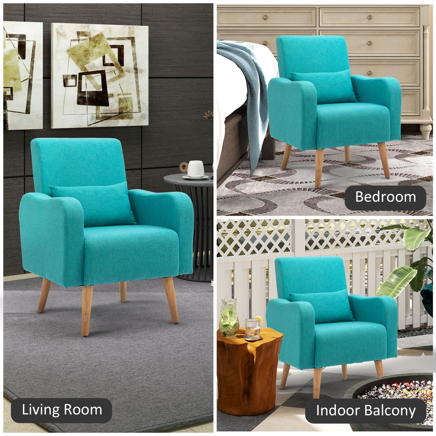 Upholstered Leisure Lounge Sofa, Accent Chair with Pillow, Teal