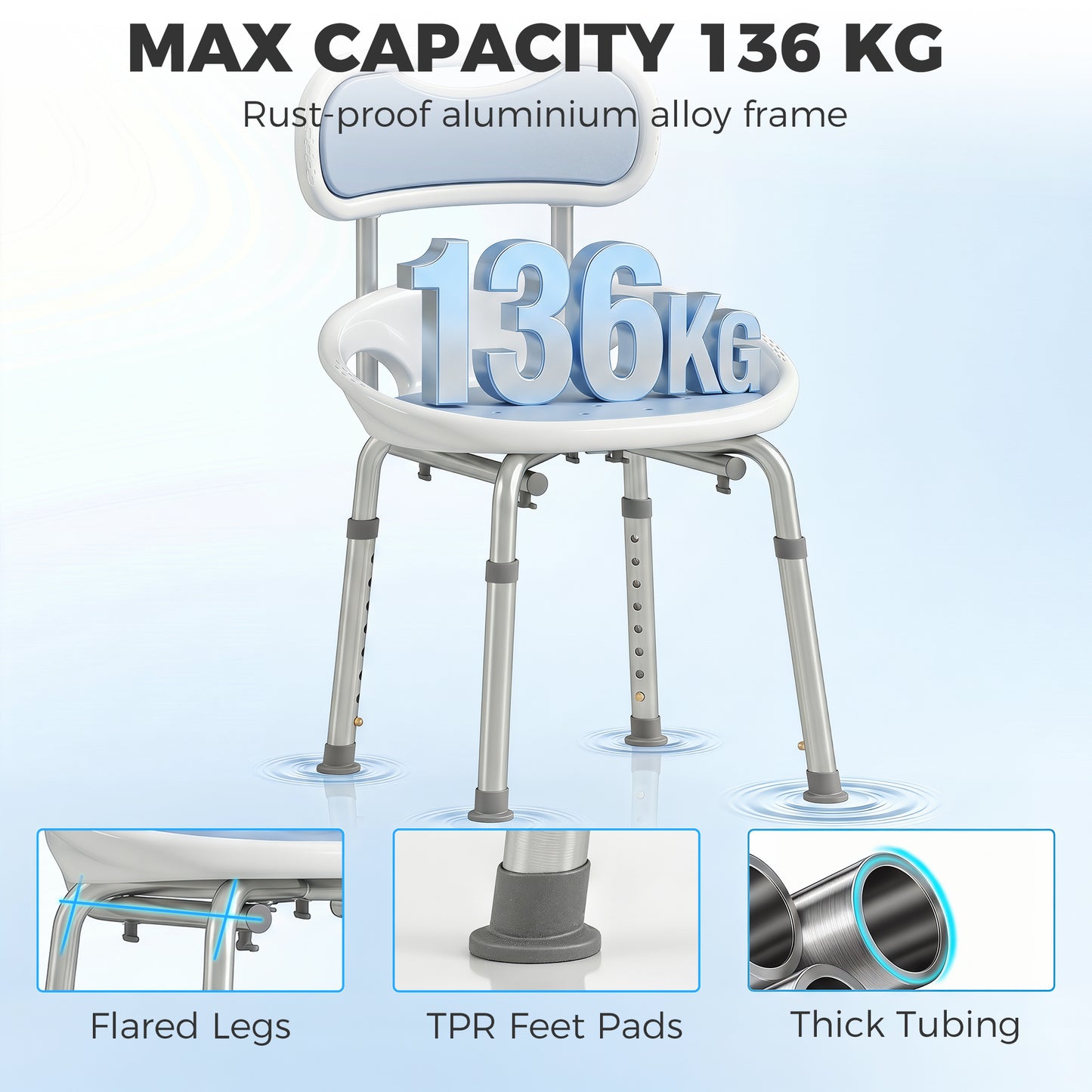 Aluminium Alloy Shower Chair with Back and Enclosed Side Support, Bath Seat with Adjustable Height, Anti-slip Shower Bench for Seniors, Tool-Free Assembly, 136 kg