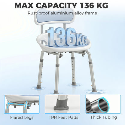 Aluminium Alloy Shower Chair with Back and Enclosed Side Support, Bath Seat with Adjustable Height, Anti-slip Shower Bench for Seniors, Tool-Free Assembly, 136 kg
