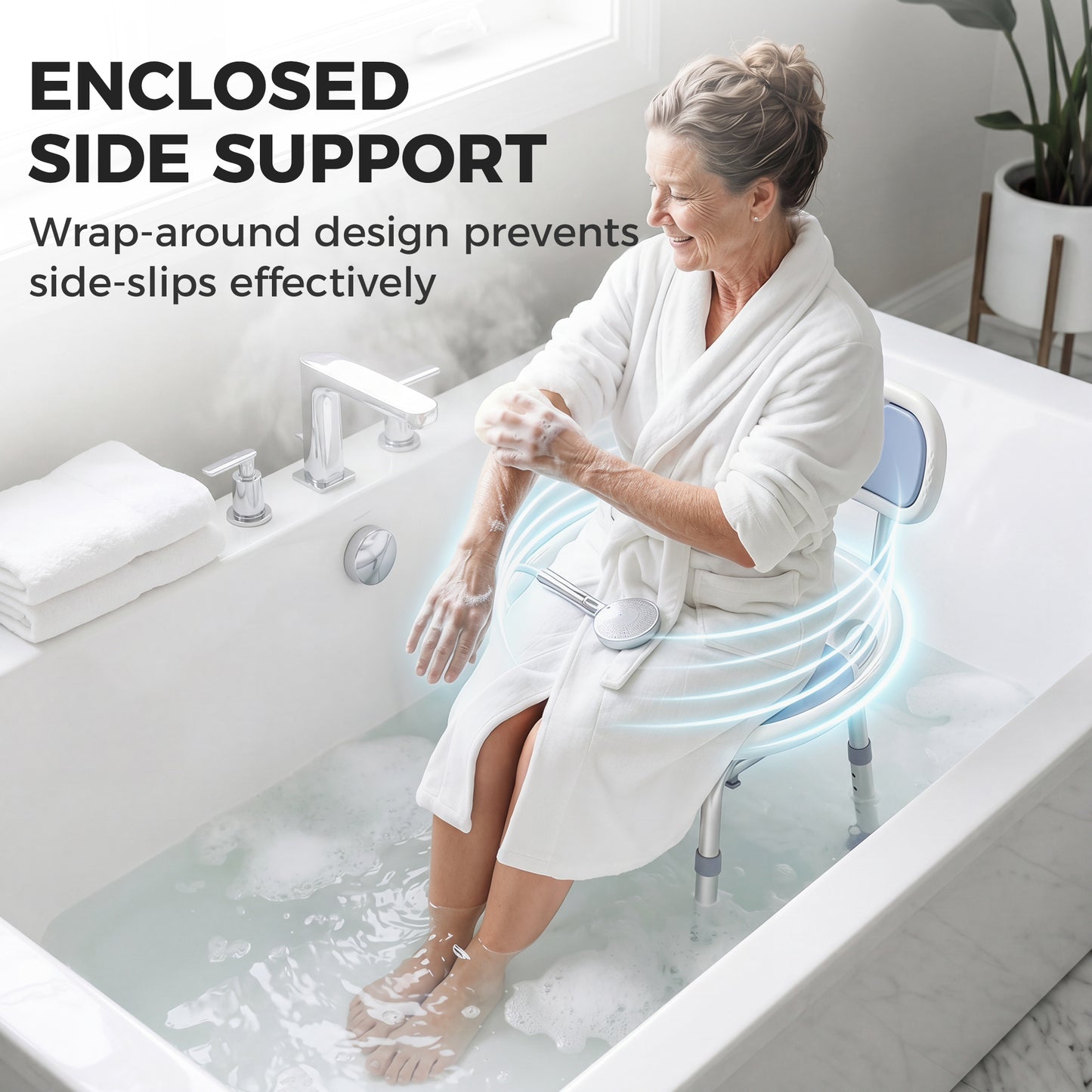 Aluminium Alloy Shower Chair with Back and Enclosed Side Support, Bath Seat with Adjustable Height, Anti-slip Shower Bench for Seniors, Tool-Free Assembly, 136 kg