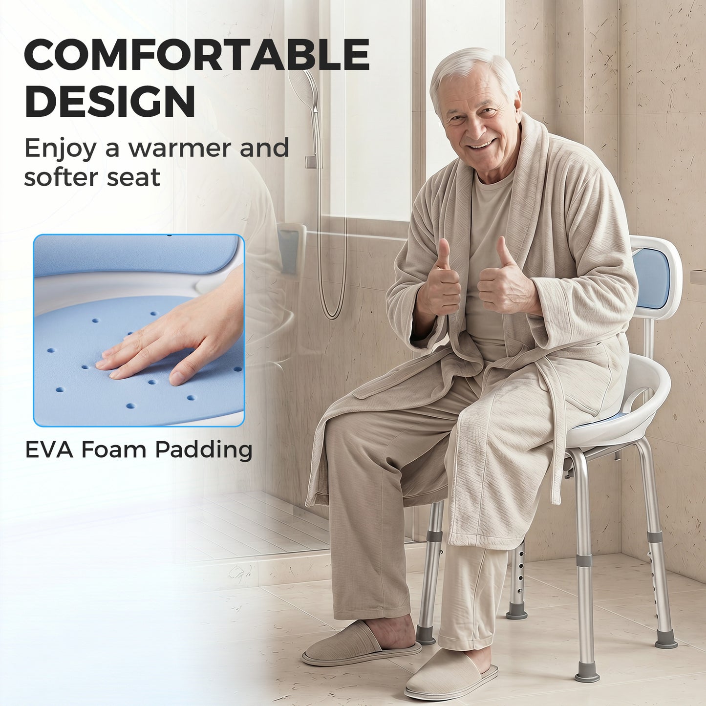 Aluminium Alloy Shower Chair with Back and Enclosed Side Support, Bath Seat with Adjustable Height, Anti-slip Shower Bench for Seniors, Tool-Free Assembly, 136 kg