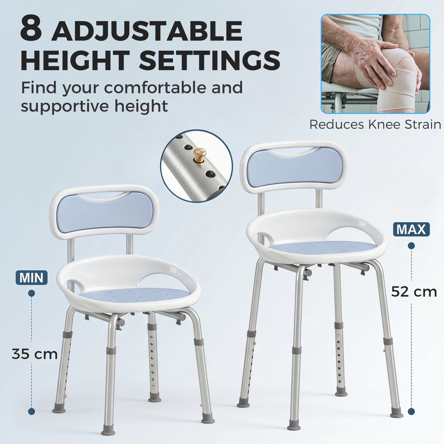 Aluminium Alloy Shower Chair with Back and Enclosed Side Support, Bath Seat with Adjustable Height, Anti-slip Shower Bench for Seniors, Tool-Free Assembly, 136 kg