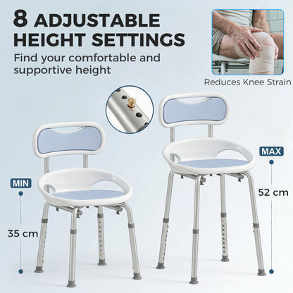 Aluminium Alloy Shower Chair with Back and Enclosed Side Support, Bath Seat with Adjustable Height, Anti-slip Shower Bench for Seniors, Tool-Free Assembly, 136 kg