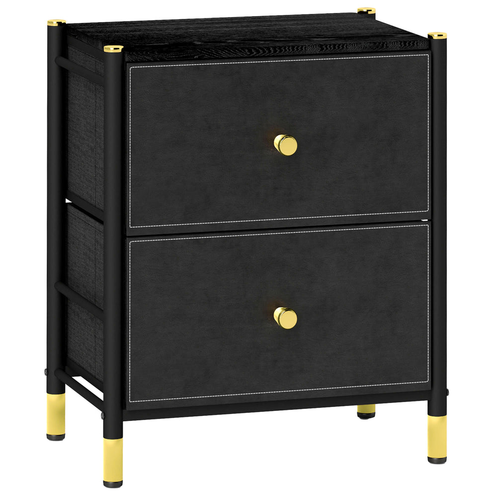 Bedside Table, PU Leather Side Table with 2 Drawers, Bedside Cabinet with Steel Legs for Bedroom, Living Room, Black