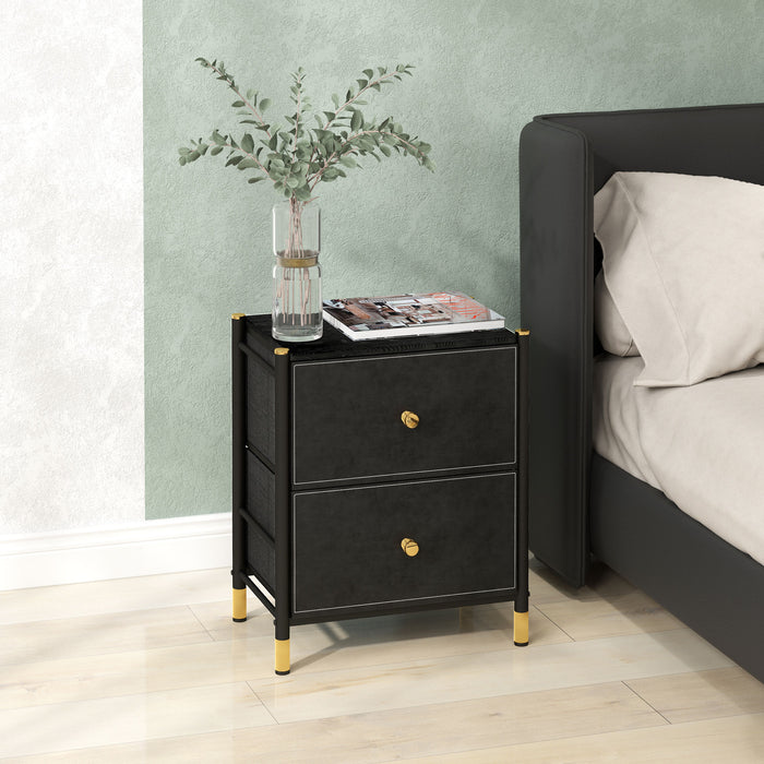 Bedside Table, PU Leather Side Table with 2 Drawers, Bedside Cabinet with Steel Legs for Bedroom, Living Room, Black