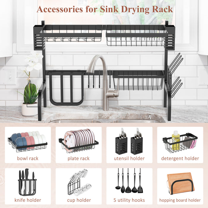 Over The Sink Dish Drainer Rack, 2 Tier Dish Rack for Kitchen, Black