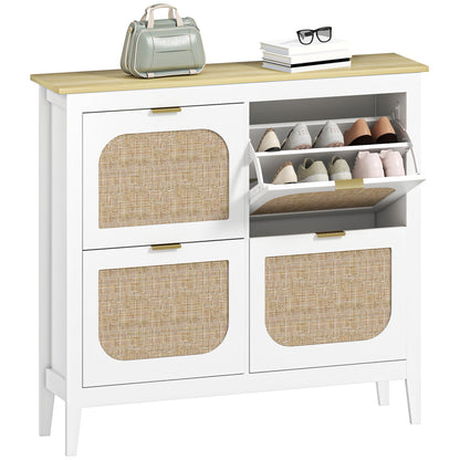 Boho Slim Shoe Cabinet with Rattan Doors, Holds 20 Pairs, White