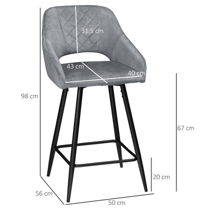 Bar Stools Set of 2 Velvet-Touch Fabric Counter Bar Chairs Grey
