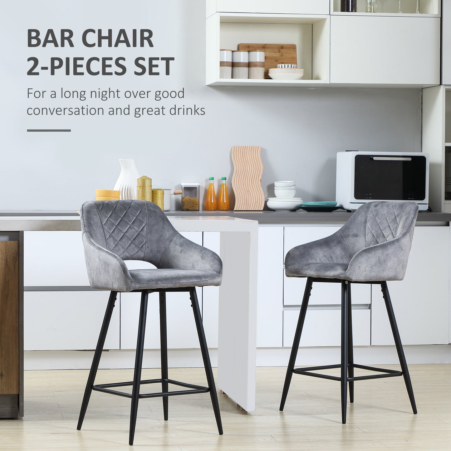Bar Stools Set of 2 Velvet-Touch Fabric Counter Bar Chairs Grey