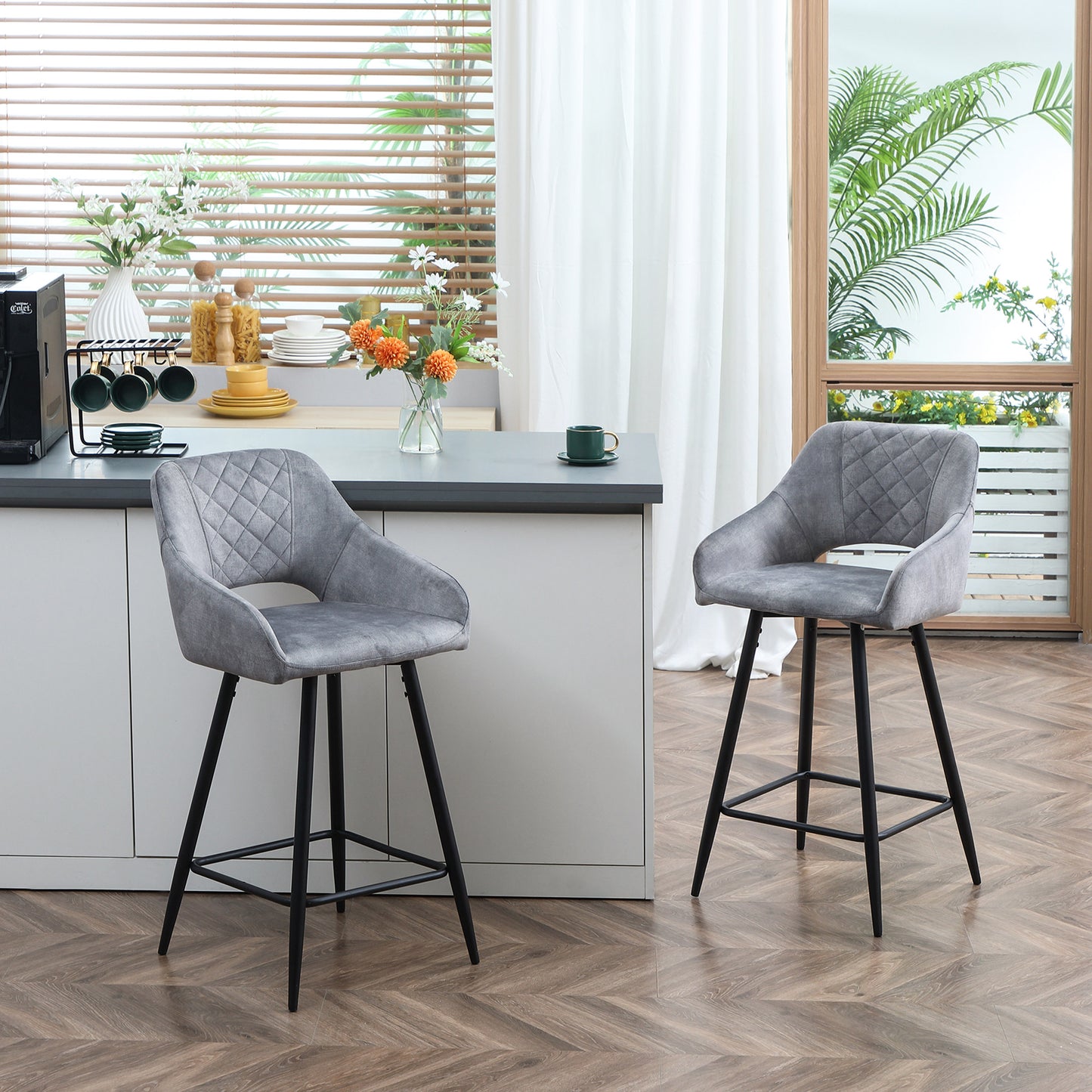Bar Stools Set of 2 Velvet-Touch Fabric Counter Bar Chairs Grey