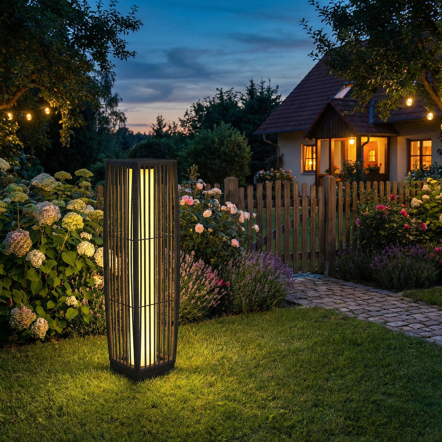 Solar Rattan Floor Lamp Auto On/Off Garden Lantern, Dark Grey