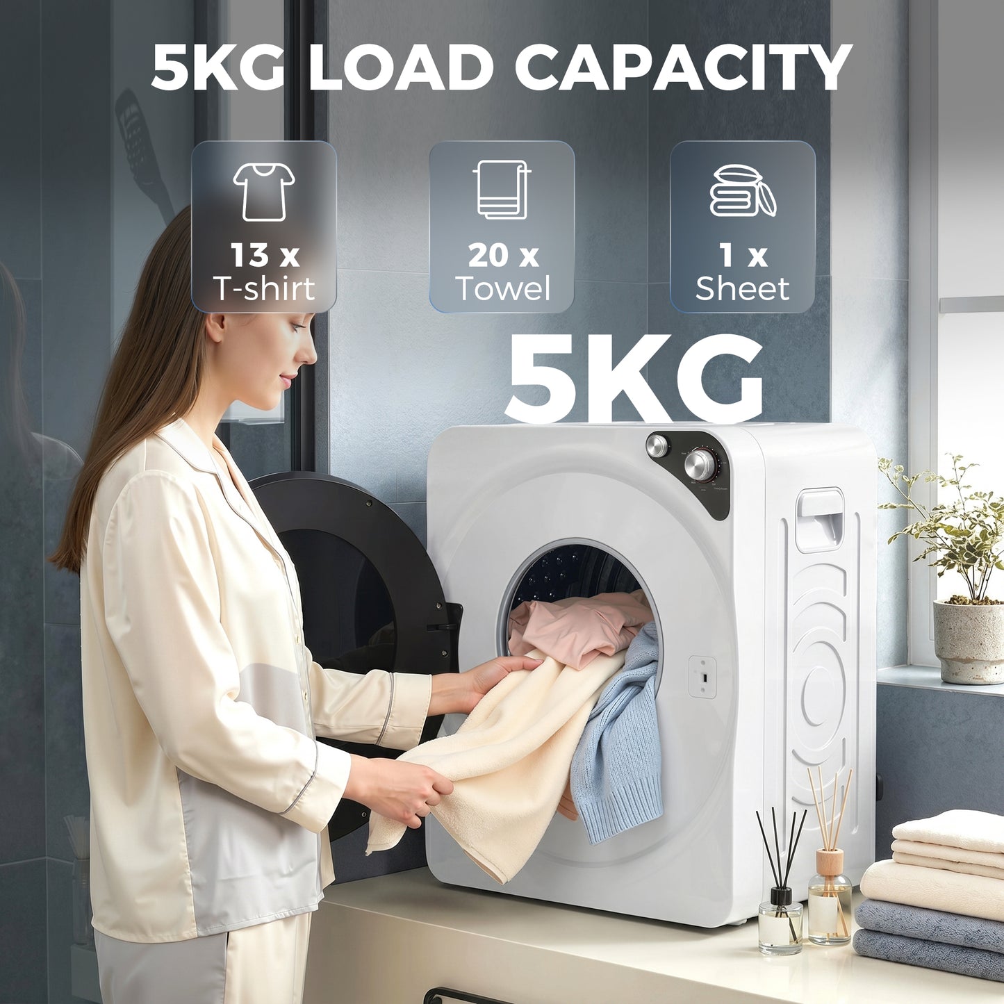 5kg Vented Tumble Dryer, 1000W Compact Tumble Dryer with 5 Drying Modes, Stainless Steel Tub, Freestanding Stackable Clothes Drying Machine, White