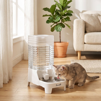 8L Gravity-Fed Pet Water Dispenser with Stainless Steel Bowl - White