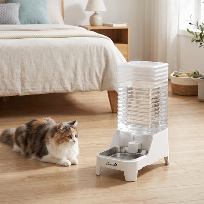 8L Gravity-Fed Pet Water Dispenser with Stainless Steel Bowl - White