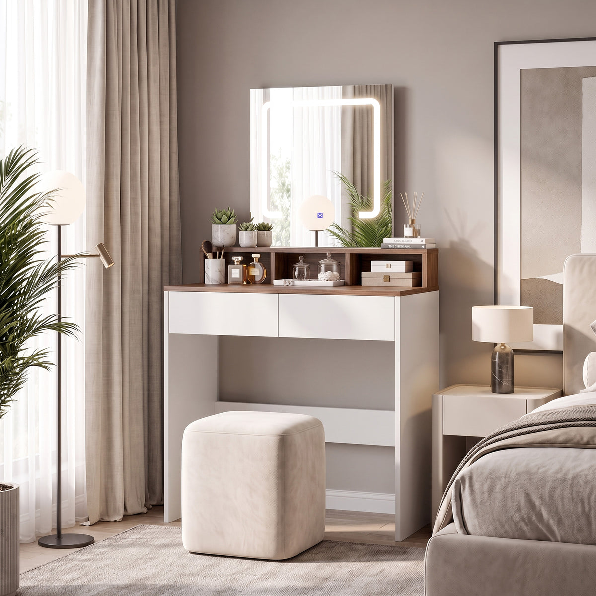 Dressing Table with Mirror, LED Lights, Drawers, for Bedroom, Walnut