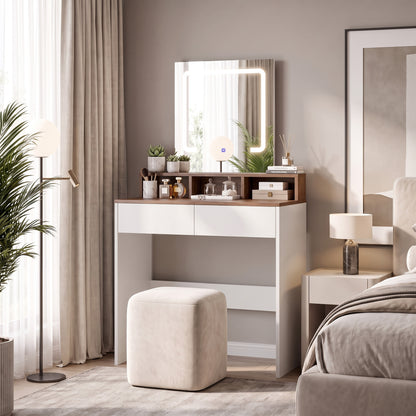 Dressing Table with Mirror, LED Lights, Drawers, for Bedroom, Walnut