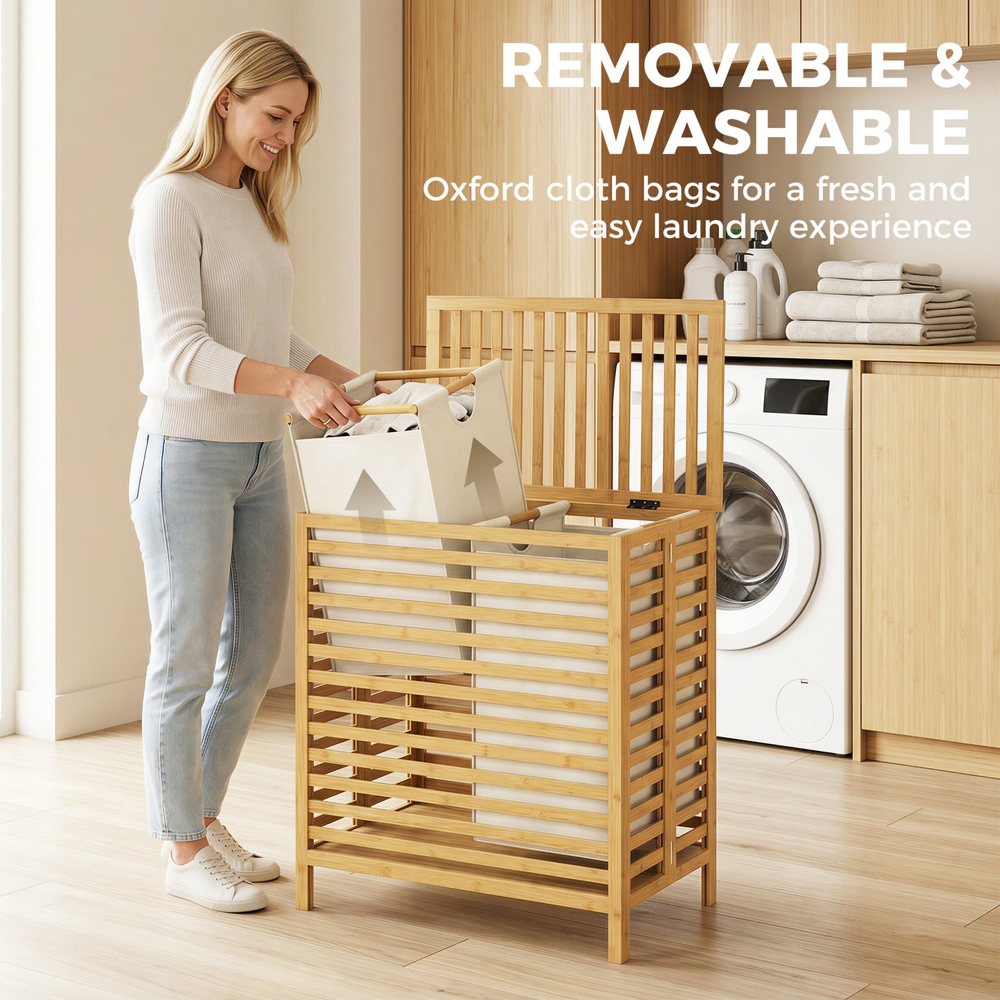 Bamboo Laundry Basket with Lid, 2 Baskets, Foldable, Natural