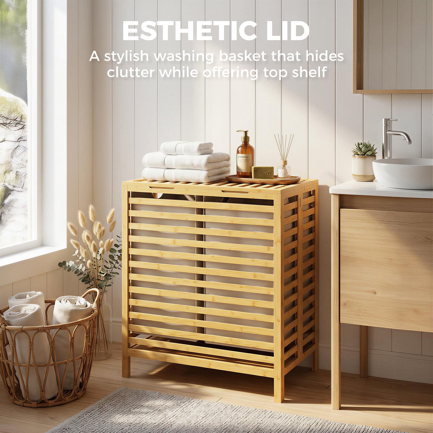 Bamboo Laundry Basket with Lid, 2 Baskets, Foldable, Natural