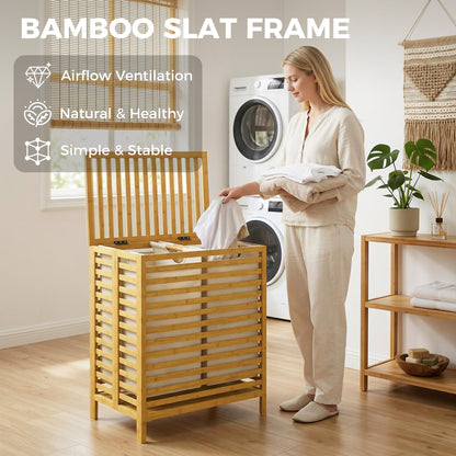Bamboo Laundry Basket with Lid, 2 Baskets, Foldable, Natural