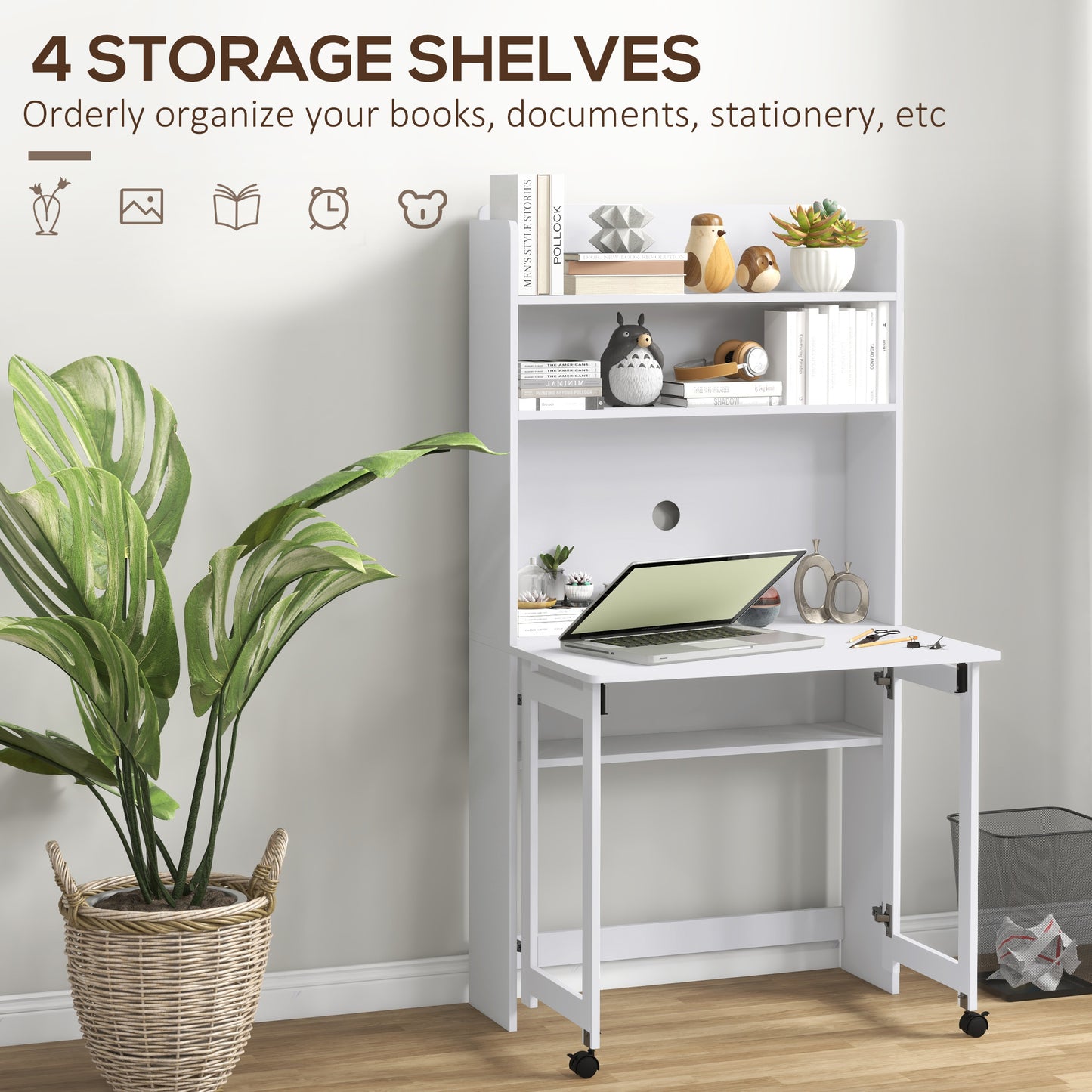 Writing Desk with Foldable Desktop for Bedroom, Home Office, White