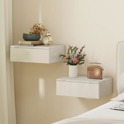 Wall Mounted Bedside Table with High Gloss Finish and Storage Drawer