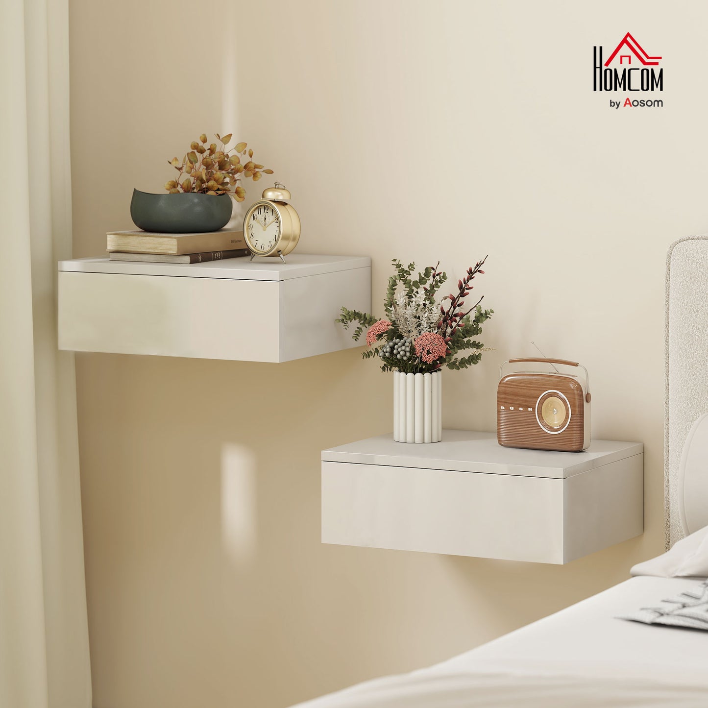 Wall Mounted Bedside Table with High Gloss Finish and Storage Drawer