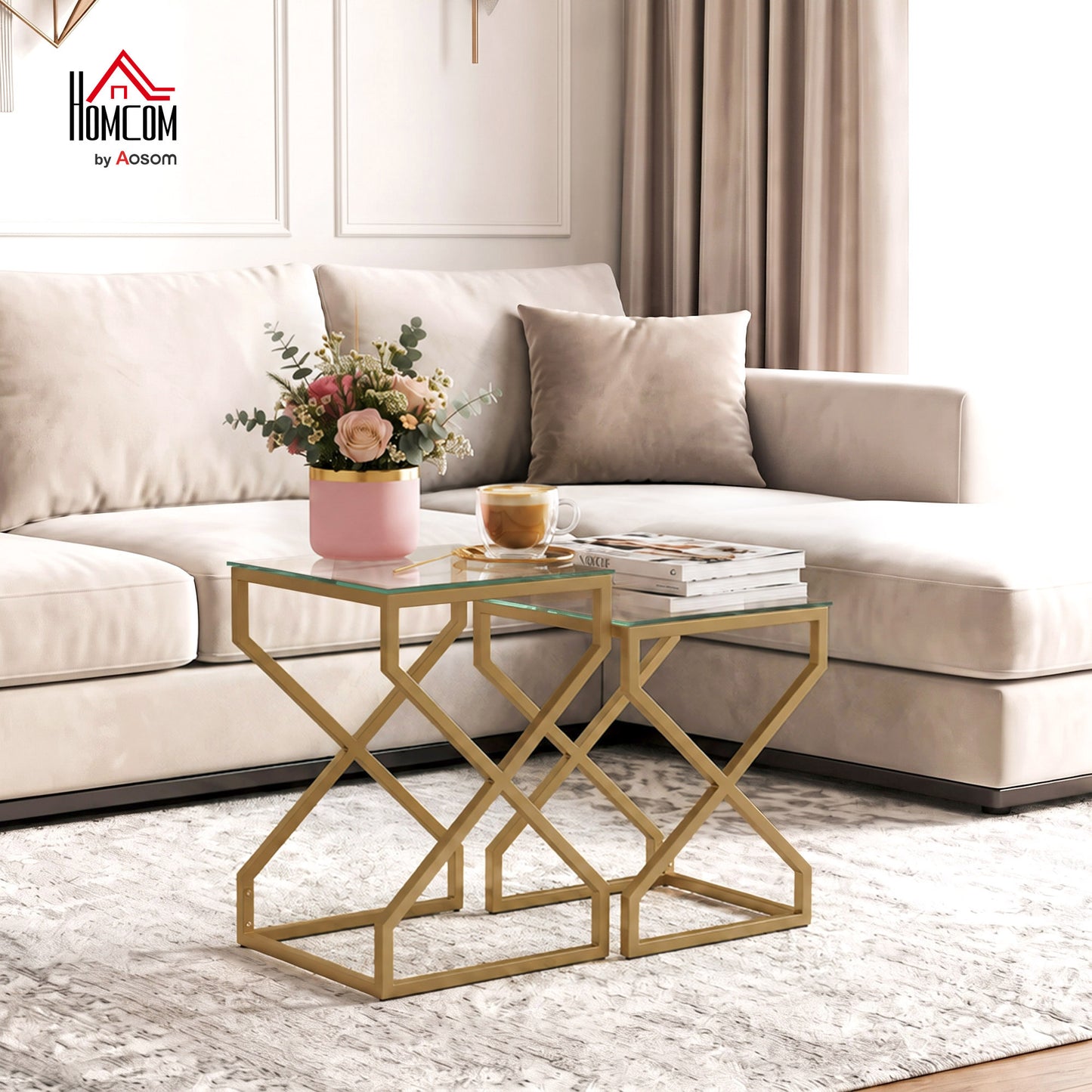 Nest of Tables, Side Table Set of 2 with Transparent Top, Transparent