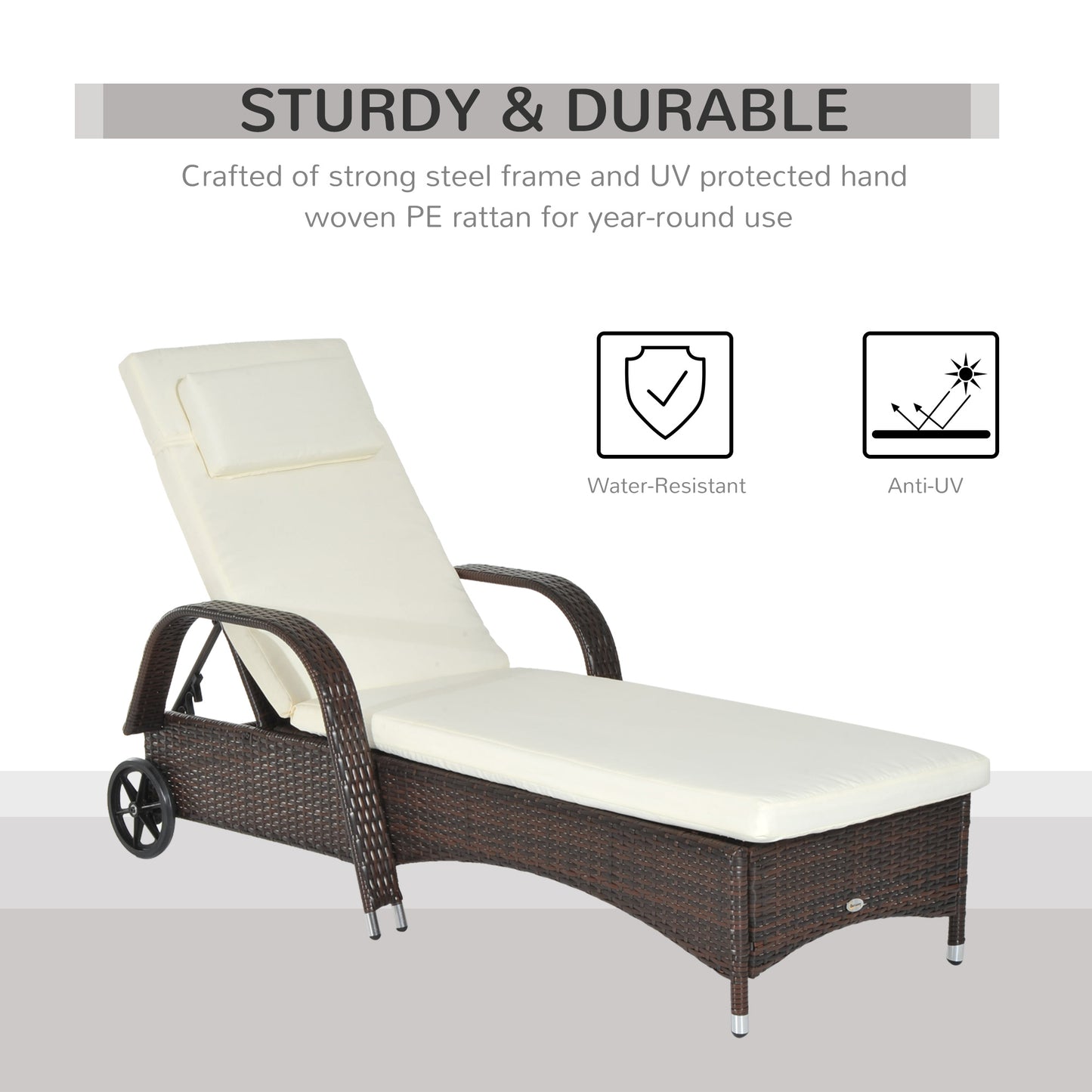 Outsunny Garden Rattan Furniture Single Sun Lounger Recliner Bed Reclining Chair Patio Outdoor Wicker Weave Adjustable Headrest with Fire Retardant Cushion - Brown