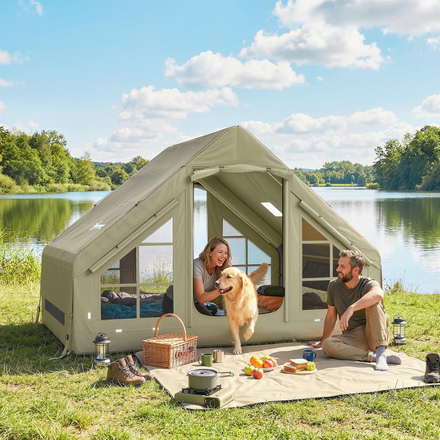 Inflatable Camping Tent with Pump, 2-4 Person Glamping Tent