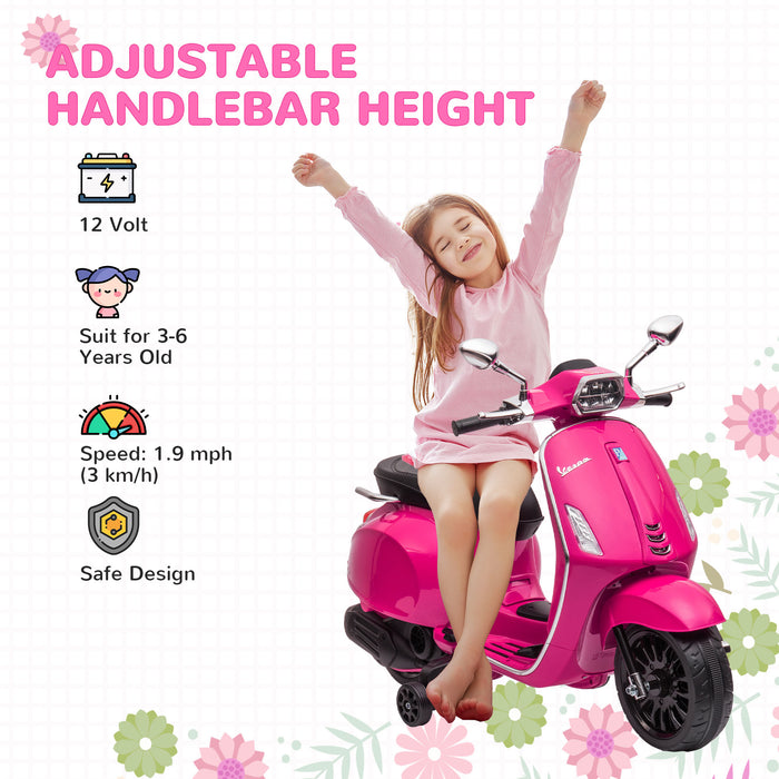 Vespa Licensed 12V Kids Electric Motorbike w/ 2 Training Wheels - Pink