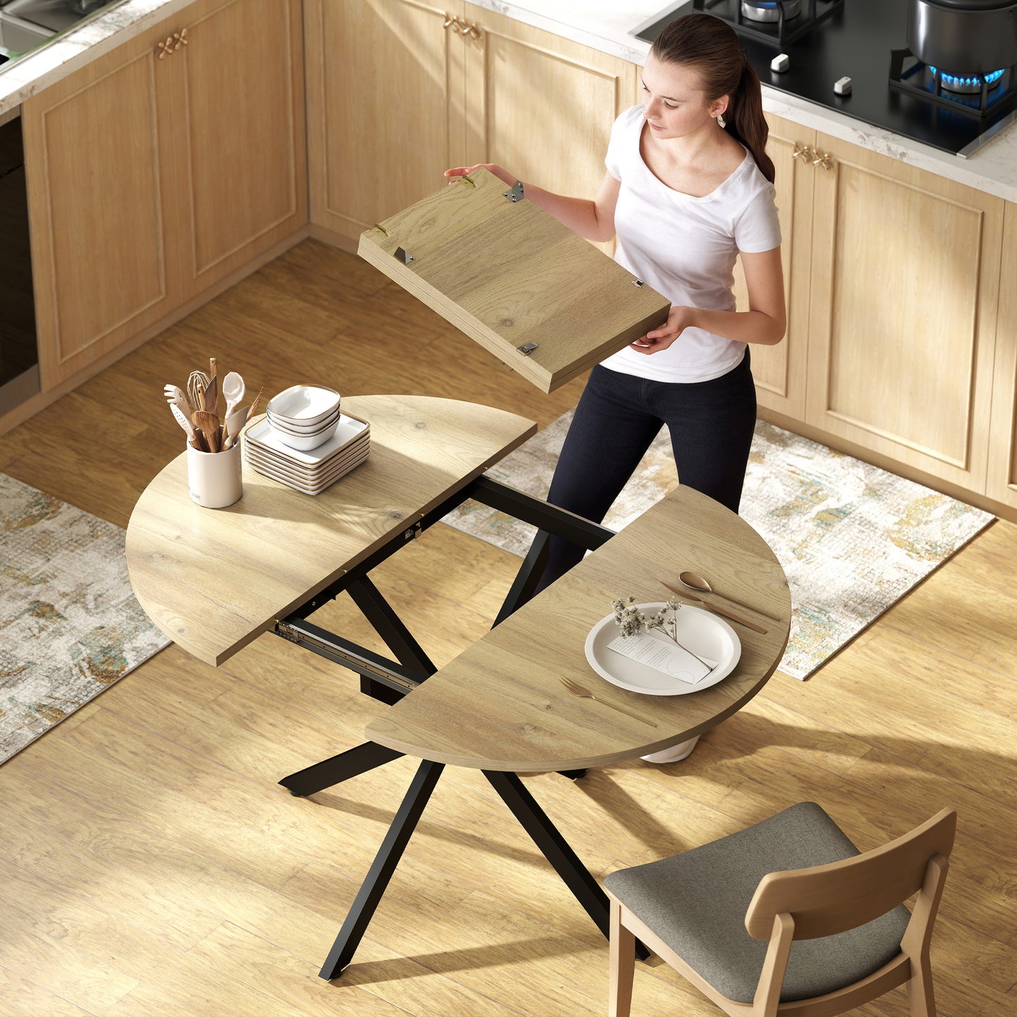 Extendable Dining Table for 4-6 with X-Shape Base, Natural Wood