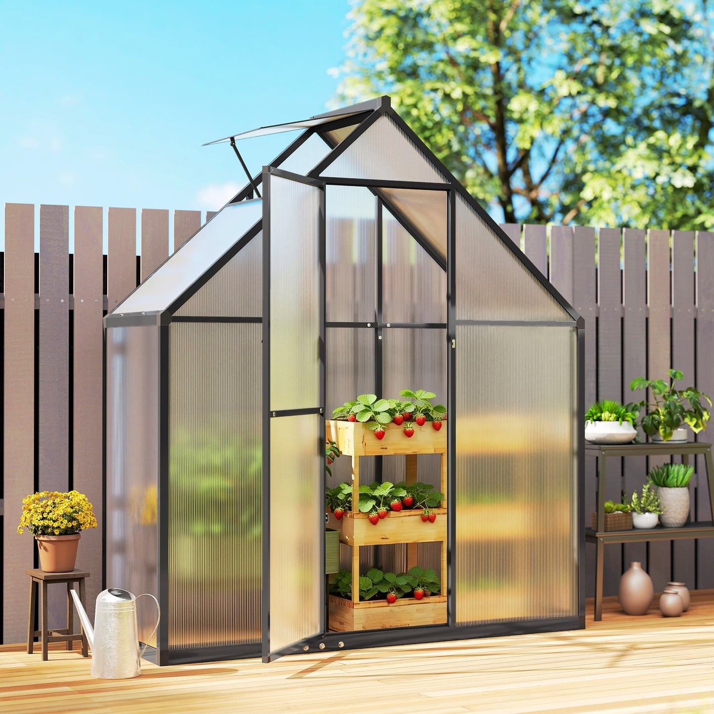 Polycarbonate Greenhouse Garden Green House with Swing Door, Black