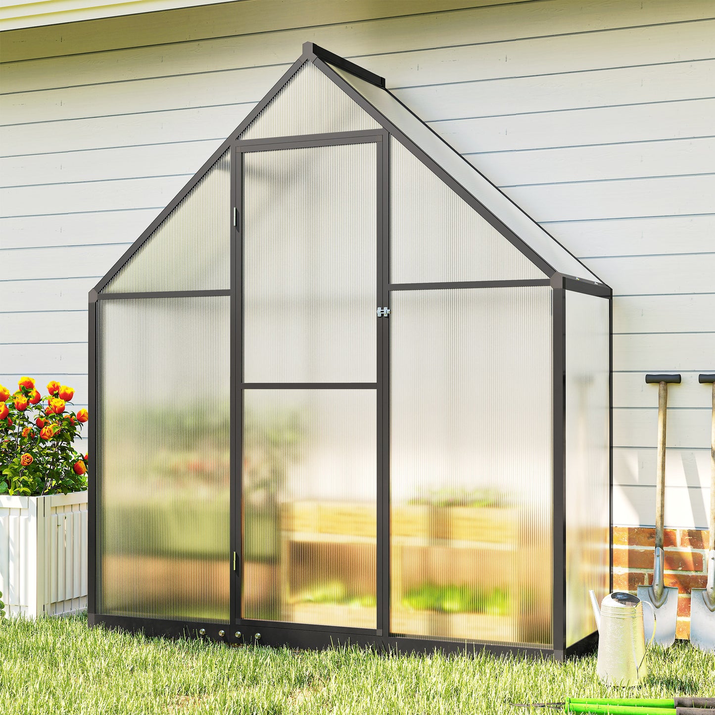 Polycarbonate Greenhouse Garden Green House with Swing Door, Black