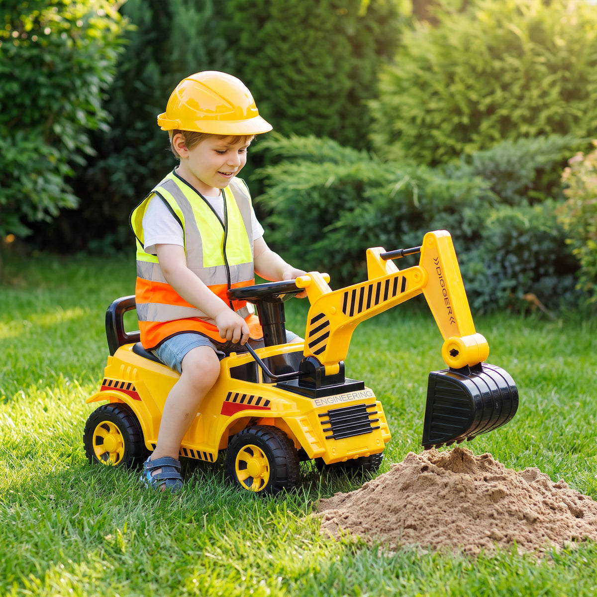 Kids' Foot-Powered Ride-On Digger with Movable Bucket - Yellow & Black