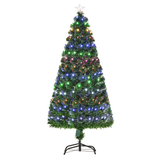 5ft Pre-Lit Fiber Optic Christmas Tree w/ Star Tree Topper, Solid Metal Base, 170 Branch Tips, 6 Color LED Lights Home Decoration - Green