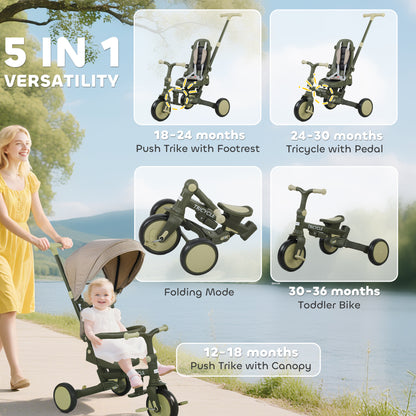 5 in 1 Foldable Kids Trike, Toddler Tricycle for 1-3 Years, Dark Green