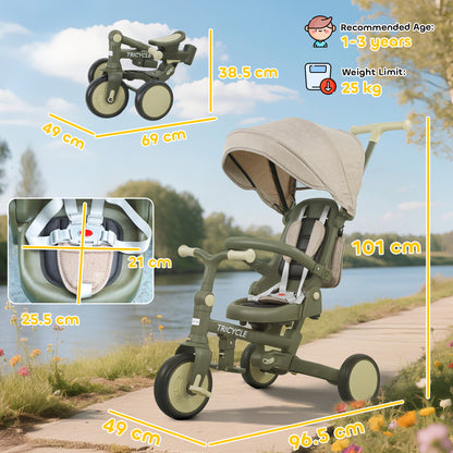 5 in 1 Foldable Kids Trike, Toddler Tricycle for 1-3 Years, Dark Green