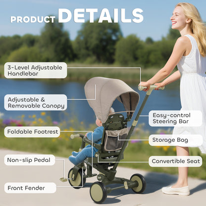 5 in 1 Foldable Kids Trike, Toddler Tricycle for 1-3 Years, Dark Green