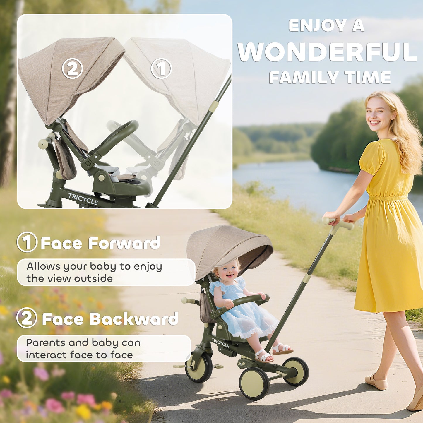 5 in 1 Foldable Kids Trike, Toddler Tricycle for 1-3 Years, Dark Green