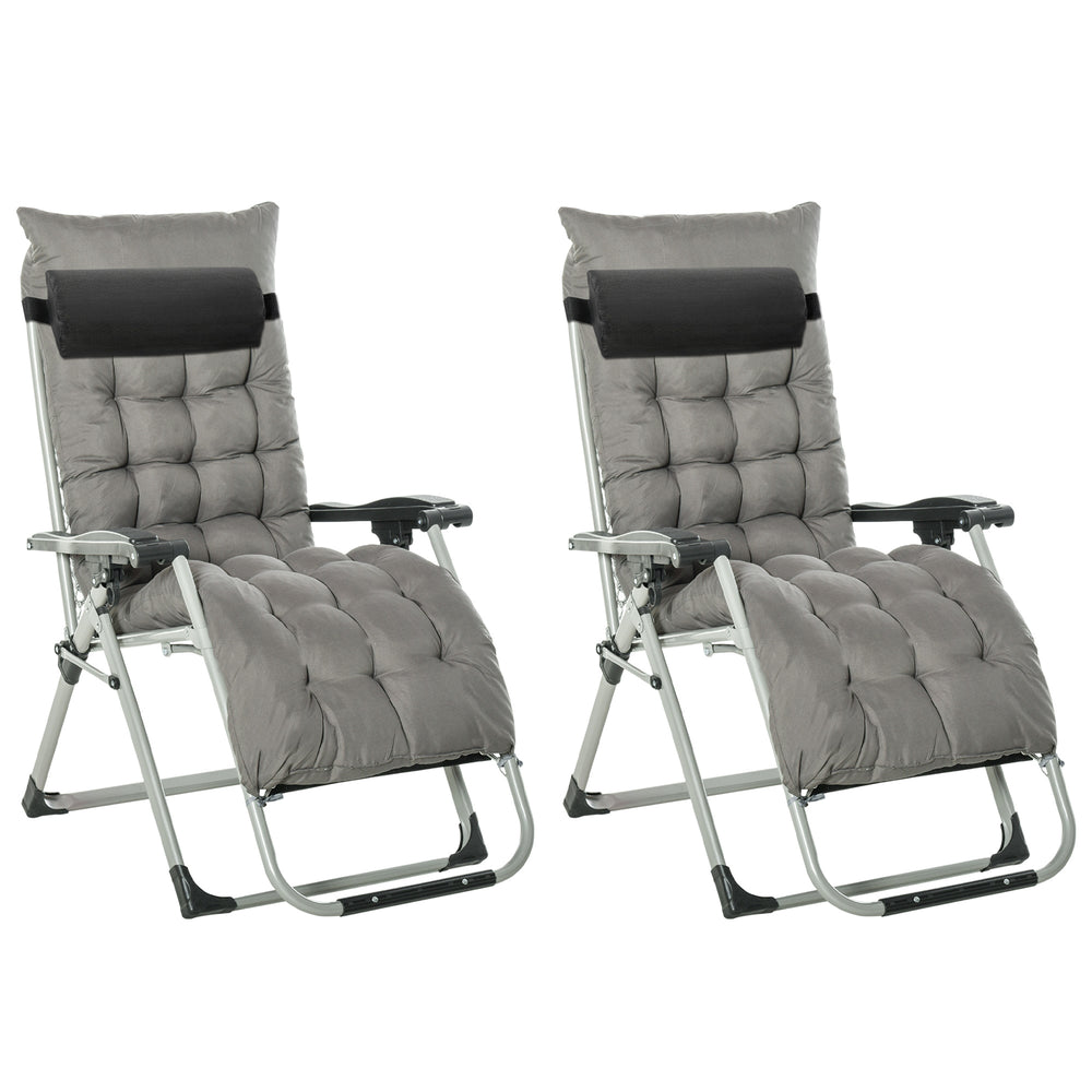 2 Piece Reclining Zero Gravity Chair Folding Garden Sun Lounger with Cushion Headrest Dark Grey