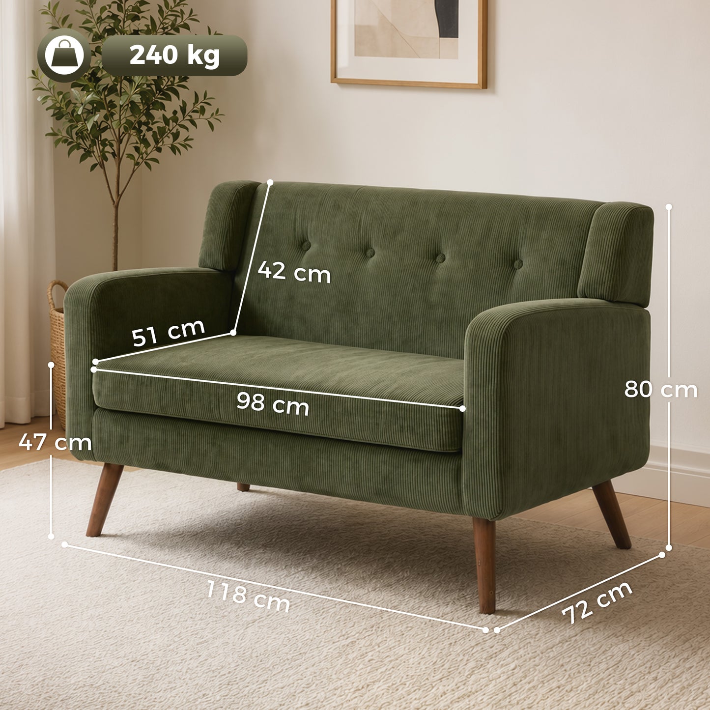 2 Seater Sofa, 118 cm Corduroy Small Loveseat Sofa, Dark Green