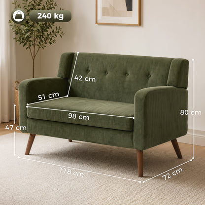 2 Seater Sofa, 118 cm Corduroy Small Loveseat Sofa, Dark Green