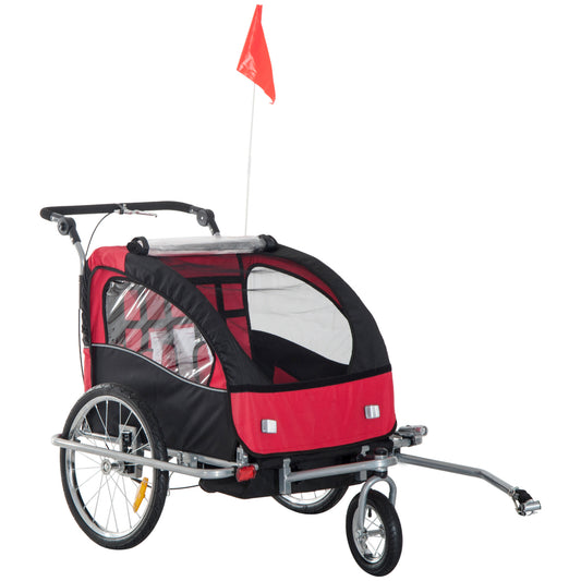 Bike Trailer 2-Seater for Bicycle Baby Child Carrier in Steel Frame (Black and Red)