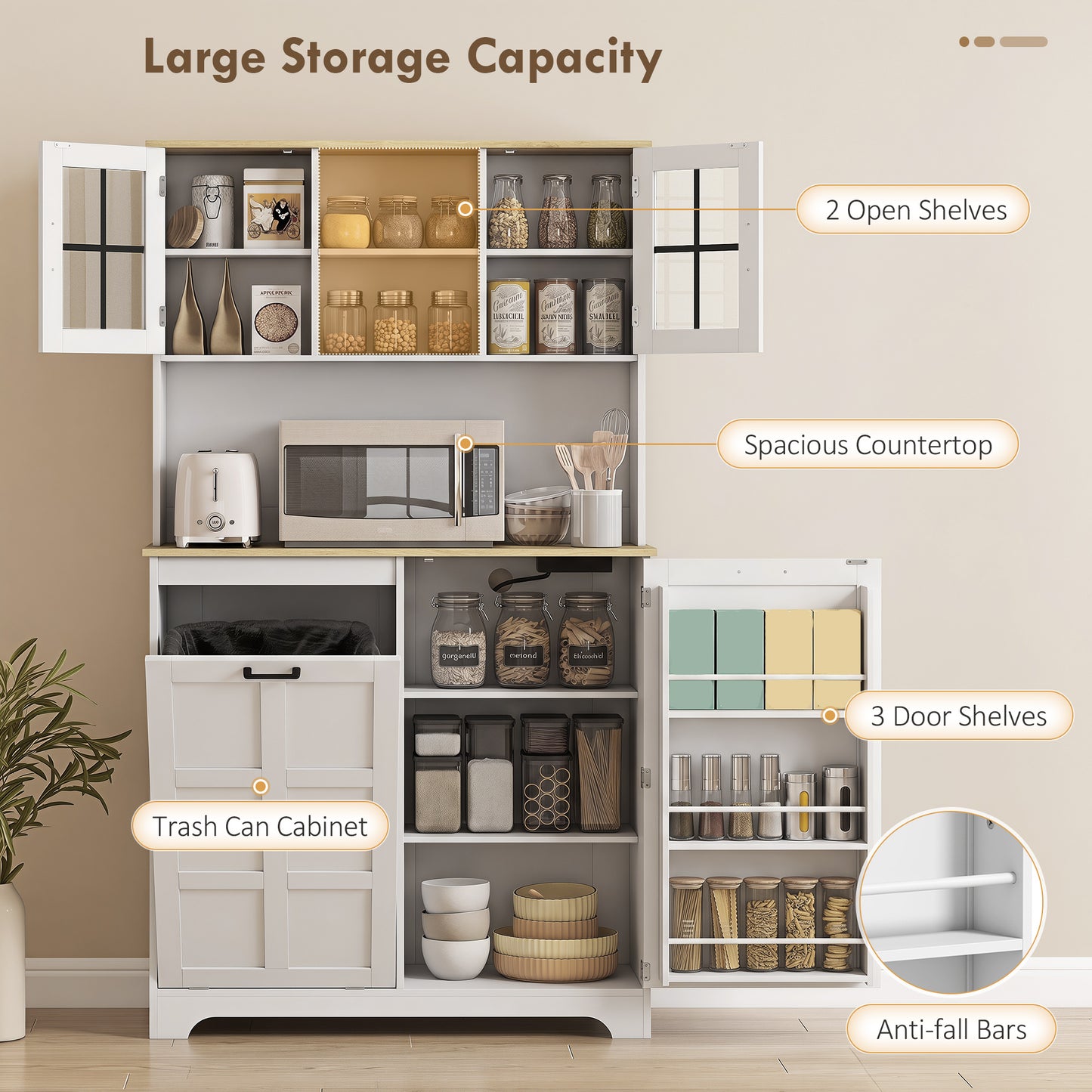 175cm Tall Kitchen Cabinet with Rubbish Bin, White