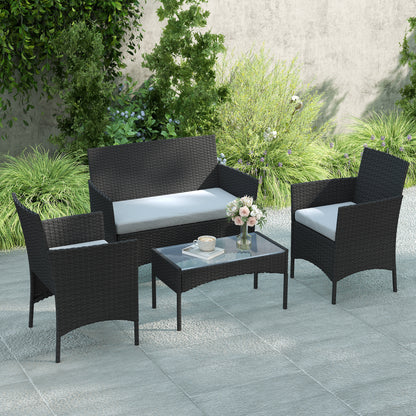 4 Piece Rattan Garden Furniture Sofa Set with Cushions, Black