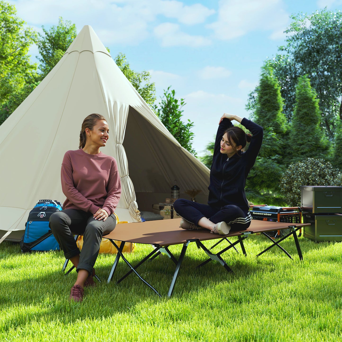 Double Camping Folding Cot Portable Sleeping Bed, Charcoal Khaki